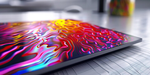 Wall Mural - The Synthetic Serengeti: Vibrant patterns dancing across a liquid crystal display, resting on a clean, white desk.