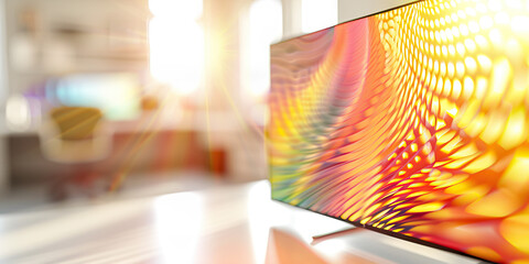 Wall Mural - The Synthetic Serengeti: Vibrant patterns dancing across a liquid crystal display, resting on a clean, white desk.