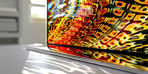 Wall Mural - The Synthetic Serengeti: Vibrant patterns dancing across a liquid crystal display, resting on a clean, white desk.