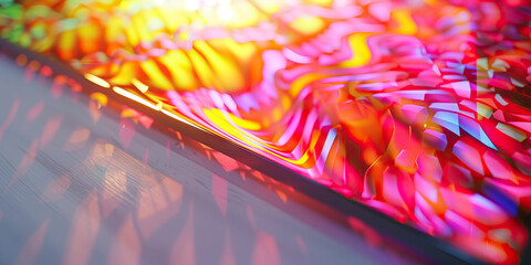 Wall Mural - The Synthetic Serengeti: Vibrant patterns dancing across a liquid crystal display, resting on a clean, white desk.
