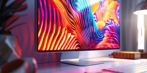 Wall Mural - The Synthetic Serengeti: Vibrant patterns dancing across a liquid crystal display, resting on a clean, white desk.
