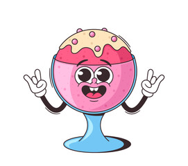 Wall Mural - cartoon ice cream character with a smiling face and happy expression. pink retro groovy icecream mak
