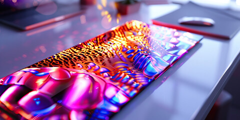 Wall Mural - The Synthetic Serengeti: Vibrant patterns dancing across a liquid crystal display, resting on a clean, white desk.
