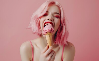 Wall Mural - Summer creative tropical portrait of young beautiful girl pink hair enjoying exotic refreshment, delicious ice cream in cone melting on pastel blue background