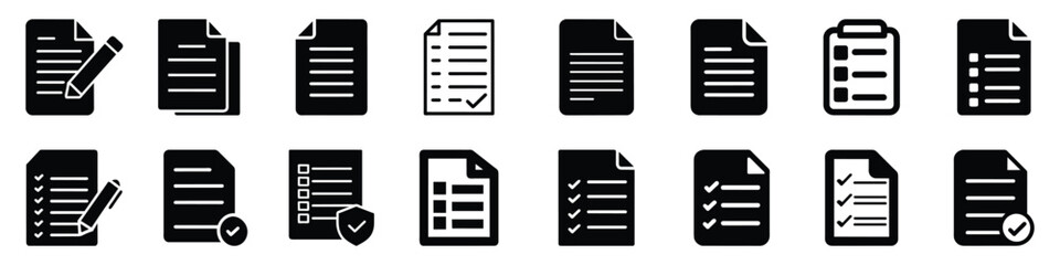 Set of Document Icons Featuring Various Checklist and Writing Symbols