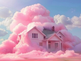 Wall Mural - A small pastel pink farmhouse surrounded by a thick white cloud. Abstract landscape. A house in the clouds.