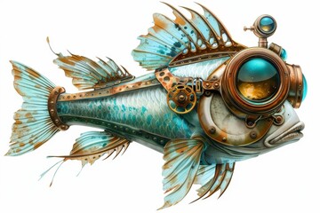 Wall Mural - Steampunk-inspired fish illustration featuring brass elements and intricate detailing, blending nautical and mechanical aesthetics in a vibrant, imaginative style.