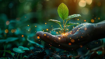 Close-up of woman's hands holding a green sprout. Modern gardening technologies. Concept of development, ecology.