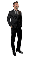 Isolated walking handsome young man wearing black suit, png,cutout on transparent background, ready for architectural visualisation