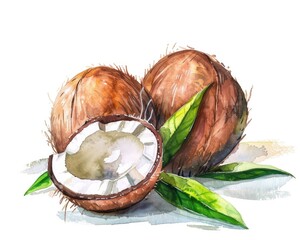 Wall Mural - Coconut Illustration. Watercolor Botanical Art with Exotic Brown Coconut and Colorful Leaves