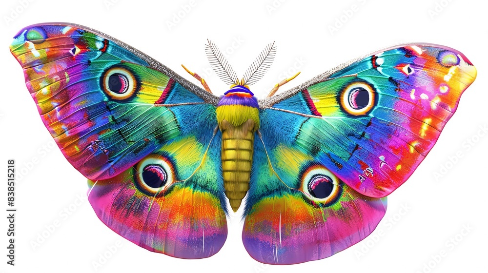 Io Moth featuring vibrant rainbow eye spots on its spread wings ...
