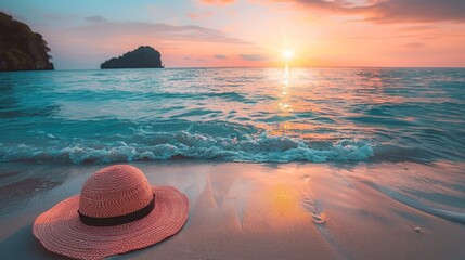 Sticker - A hat on a beach with the ocean in front of it, AI