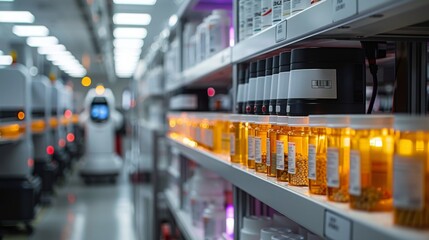 Wall Mural - A row of medication bottles is on a shelf in a pharmacy warehouse, with automated dispensing systems in the background.