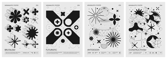 Leinwandbilder - Brutalist style vector minimalistic Posters with silhouette basic figures, Retro futuristic graphic elements of geometrical shapes rave composition, Modern monochrome print artwork, set 64