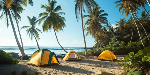 Sticker - A tranquil beach scene with a tent nestled under palm trees, offering an idyllic tropical getaway