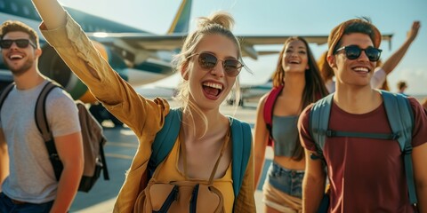 a group of cheerful friends laughs joyfully while traveling together, enjoying a fun-filled summer a