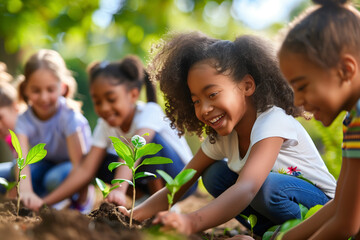 a group of young children happily engage in planting seedlings in a vibrant garden.greenery and sunl