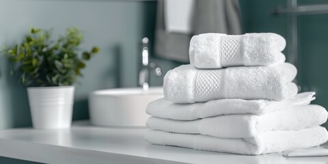 Wall Mural - stack of white towels sitting on top of a white counter top next to a sink and a potted plant