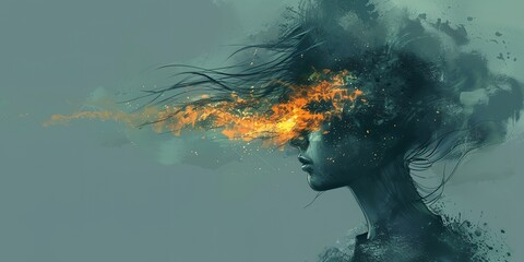 Wall Mural - woman with a fire in her hair on gray background