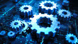 © Alina Tymofieieva - Glowing blue early sized gears on a dark background with a digital binary code pattern with numbers and lines. Digital technology concept. Data processing.