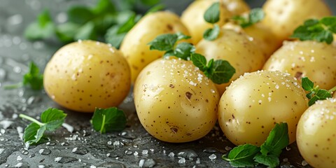 Wall Mural - pile of potatoes with green leaves on a table