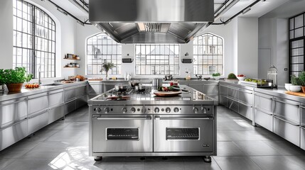 Modern stainless steel commercial kitchen with sleek design and professional culinary equipment ready for gourmet cooking