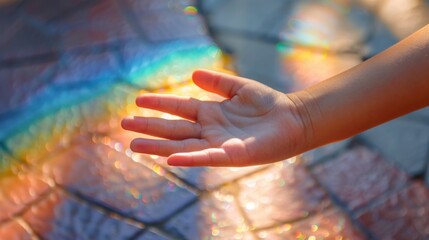 Canvas Print - A close up of a child's hand reaching out to touch something, AI