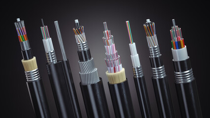 Leinwandbilder - Fiber optical cables  structure of different types on black background.  Multimode or single mode cables, 3d  animation