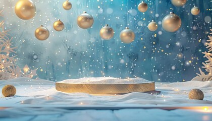 Wall Mural - Shining Golden New Year's podium with the atmosphere of a Christmas holiday, Winter pedestal decor for goods, snowflakes