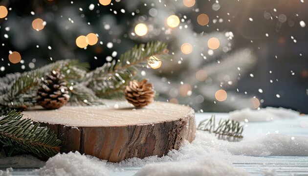 wooden New Year's podium with the atmosphere of a Christmas holiday, Winter pedestal decor for goods