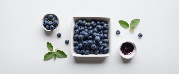 Canvas Print - Raw blueberry in bowl with green leaves on white. Top view flat lay