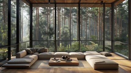 Modern home living room with beautiful forest view. Contemporary interior design,