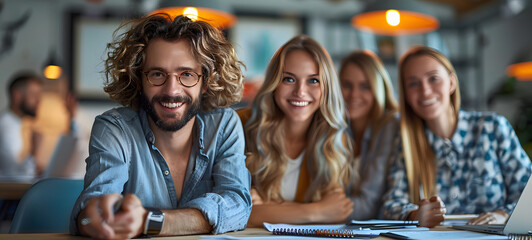 Group of young software developers working together on a project in a software development studio. Happy group of software developers working an students as a team in office.