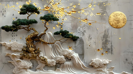 Wall Mural - volumetric stucco molding on a concrete wall with golden elements, japanese landscape, waterfall, mo