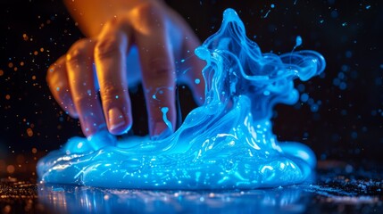 Poster - A person's hand is touching a liquid that has blue lights, AI