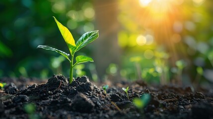 Young plant sprouting from fertile soil with sunlight filtering through the trees