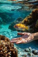 A person's hand reaching out to a small fish in the water, AI