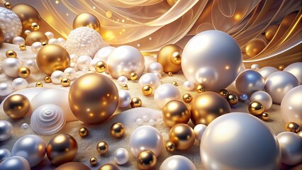 Wall Mural - Abstract background with white and golden pearls, beads, and spheres, pearls, beads, texture, elegant, luxury, shiny, round shapes, decoration, jewelry, glamour, design, backdrop, decoration