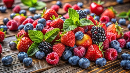 Poster - Close up of vibrant fresh berries on a wooden table, berries, healthy, food, organic, fresh, juicy, ripe, colorful, nutritious, delicious, antioxidant, natural, summer, harvest, fruity