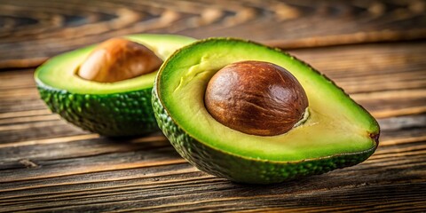 Wall Mural - Close up of fresh avocado cut in half with seed on rustic table, avocado, fresh, halved, seed, rustic, table, healthy, organic, natural, food, green, ripe, nutrition, vegetarian, ingredient