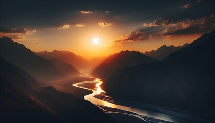 Wall Mural - AI-generated illustration of sunrise over mountains, rivers, and hill