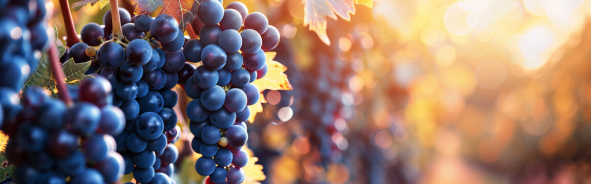 Close-up panoramic image of ripe dark grapes.