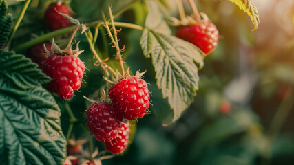 Wall Mural - Close-up image of ripe red raspberries.