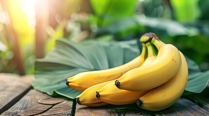 Canvas Print - Fresh ripe bananas placed on a green leaf with natural sunlight in the background. The image captures the essence of tropical fruits. Ideal for food and nature themed content. AI