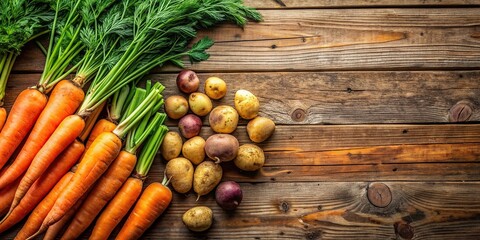 Wall Mural - Top view of fresh carrots and potatoes on wooden table with copy space, carrots, potatoes, vegetables, fresh, top view, wooden table, copy space, organic, healthy, cooking, ingredients
