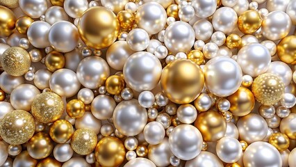 Wall Mural - Abstract background with white and golden pearls and spheres, pearls, beads, round shapes, spheres, shiny, luxurious, elegant, decorative, jewelry, golden, white, abstract, background, design