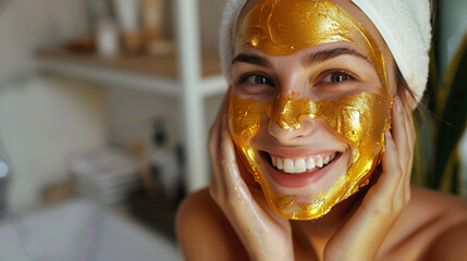 Gold hydration mask. Close-up of attractive young woman with gold moisturizing mask applied on her face. Looking at camera.