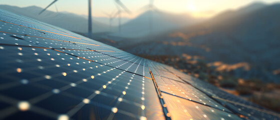 Wall Mural - closeup of a solar panel in a beautiful mountains landscape