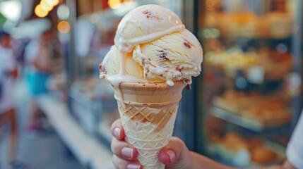 Sticker - A person holding a cone of ice cream in front of some shops, AI