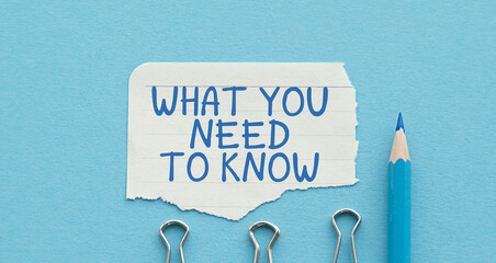 White notepad and blue pen on blue background. Text WHAT DO YOU NEED TO KNOW. Business concept